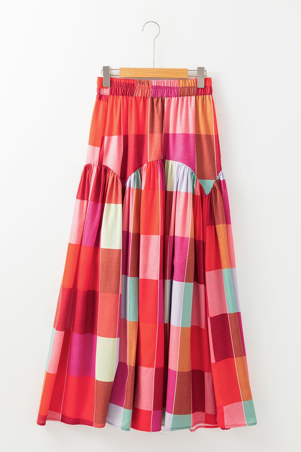 Color Block Elastic Waist Maxi Skirt for Women Fashion