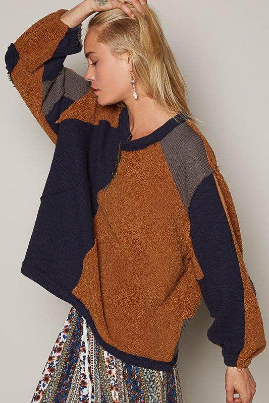 POL Color Block Half Zip Dropped Shoulder Sweatshirt for Women - Selvanelle