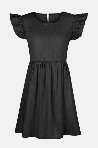 Full Size Ruffled Round Neck Cap Sleeve Denim Dress for Women - Selvanelle