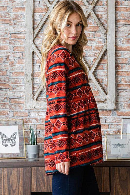 Heimish Full Size Geometric Button Detail Long Sleeve Top - Selvanelle