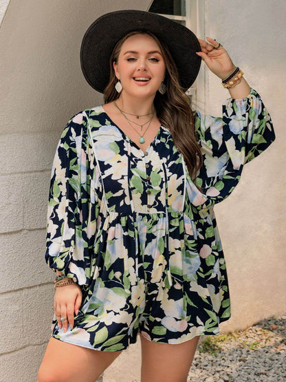 Plus Size Tied Printed Long Sleeve Romper - Selvanelle