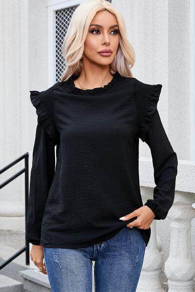 Frill Mock Neck Ruffled Balloon Sleeve Blouse for Women - Selvanelle