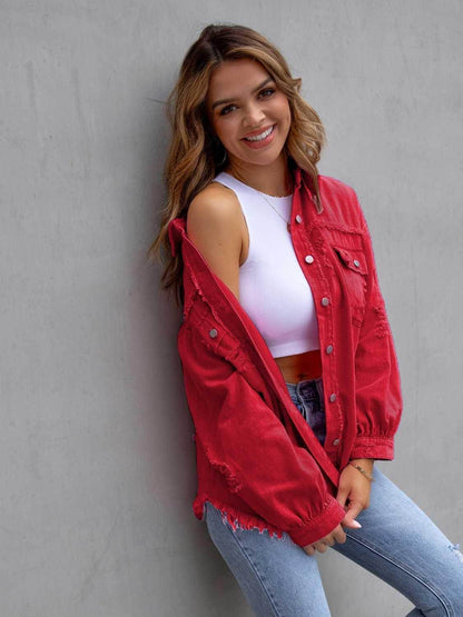 Distressed Drop Shoulder Denim Jacket for Casual Style - Selvanelle