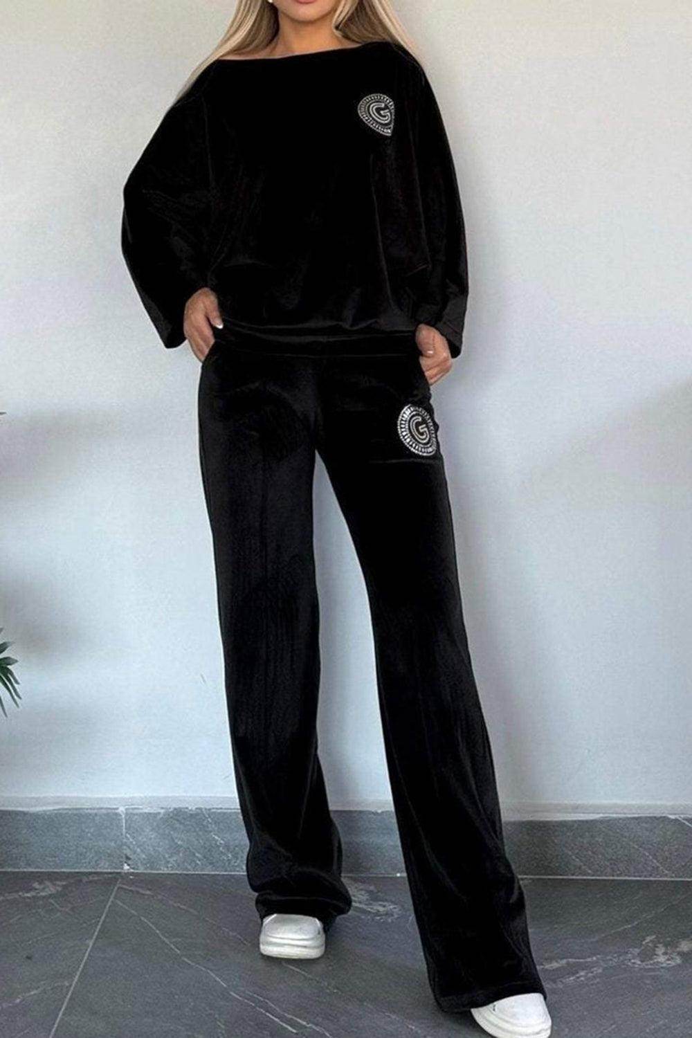 Full Size Boat Neck Long Sleeve Top and Pants Set Outfit - Selvanelle