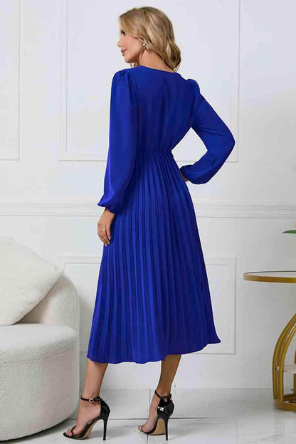 V-Neck Long Sleeve Tie Waist Midi Dress for Women - Selvanelle