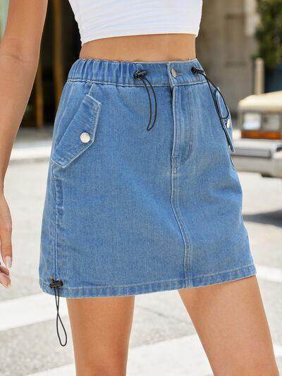 Drawstring Denim Skirt with Pockets for Women Casual Wear - Selvanelle
