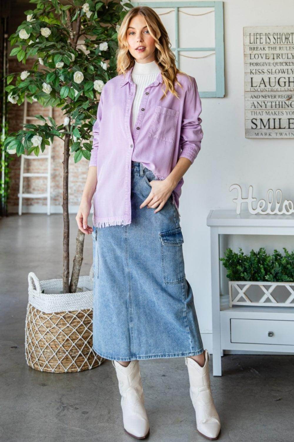 Veveret Raw Hem Button Up Long Sleeve Shirt for Women - Selvanelle