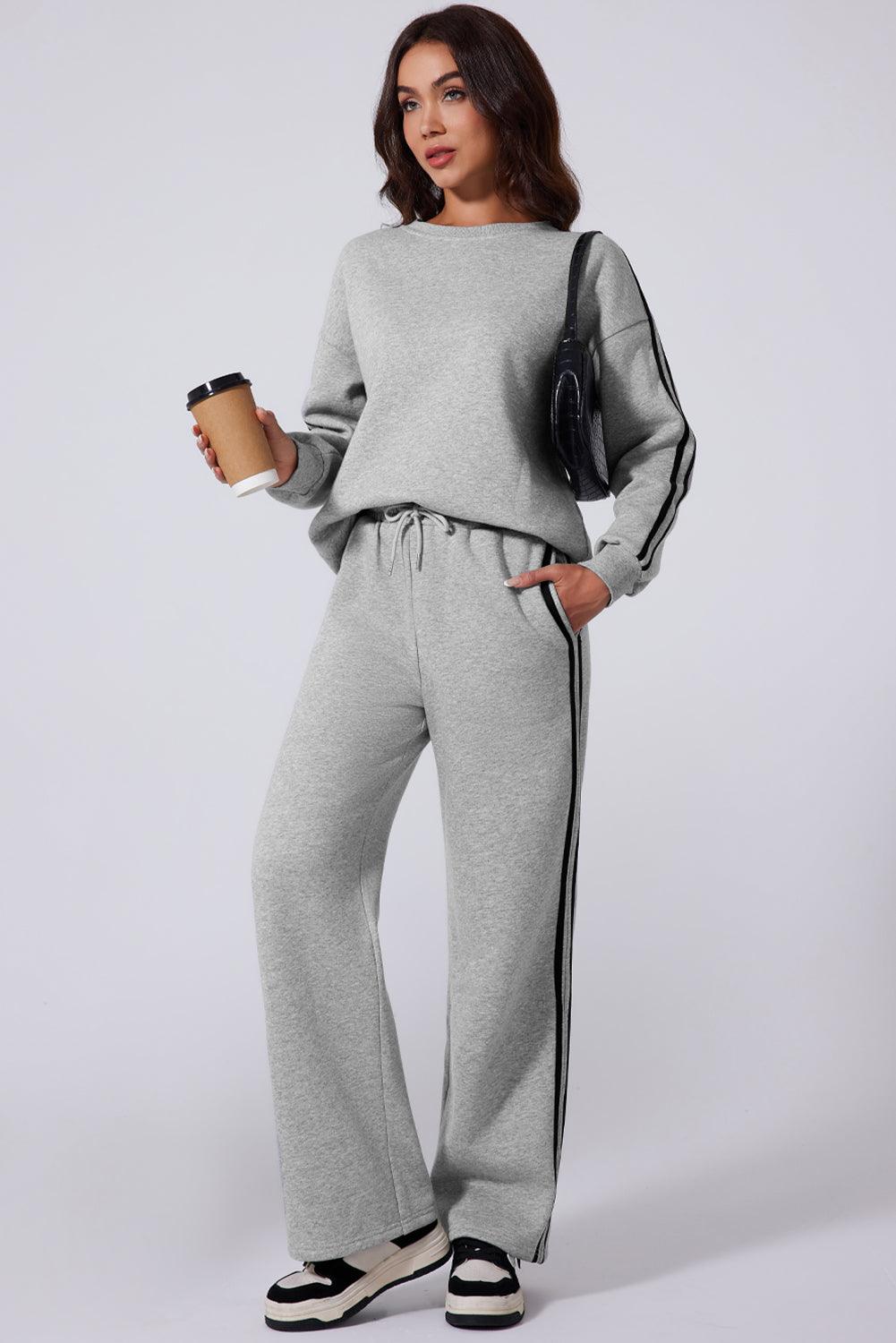 Side Striped Round Neck Top and Pants Active Set for Women