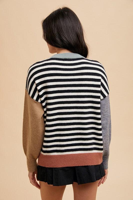 Annie Wear Striped Color Block Round Neck Sweater for Women