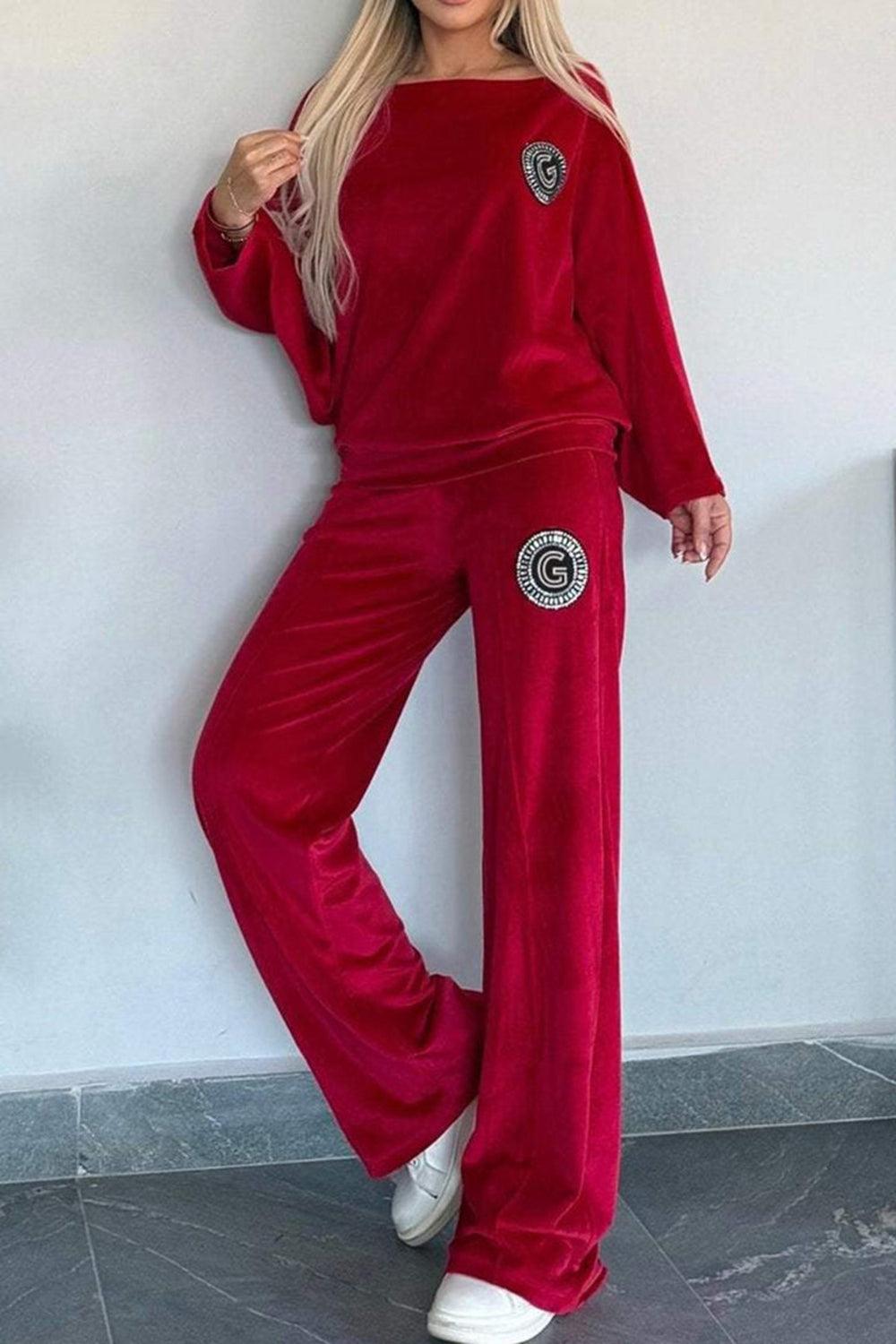 Full Size Boat Neck Long Sleeve Top and Pants Set Outfit