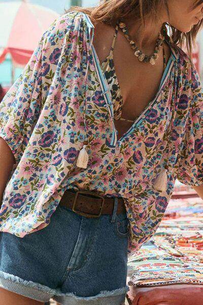 Floral Tie Neck Half Sleeve Blouse for Women Stylish Wear - Selvanelle