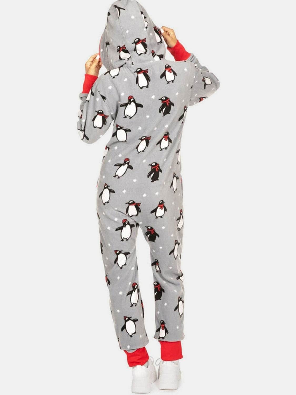 Printed Zip Up Long Sleeve Hooded Jumpsuit - Selvanelle