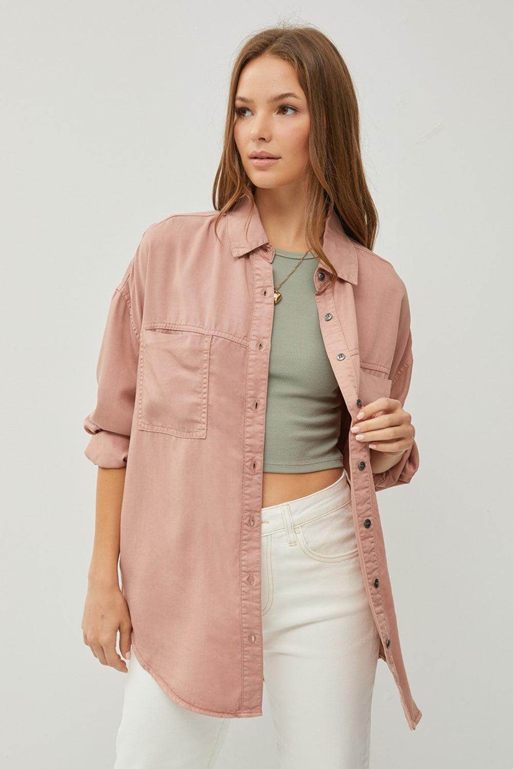 RISEN Full Size Button Up Long Sleeve Denim Shirt for Women - Selvanelle