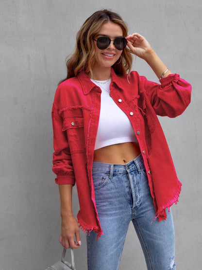 Distressed Drop Shoulder Denim Jacket for Casual Style - Selvanelle