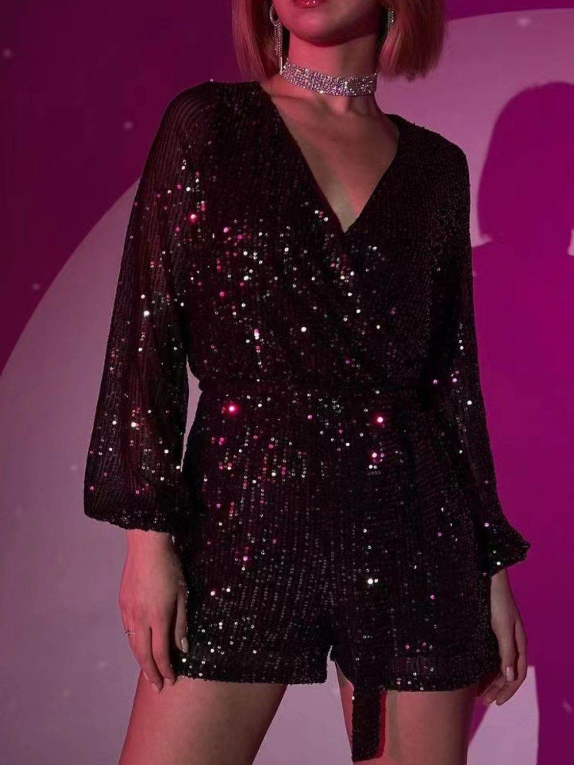 Full Size Sequin Surplice Tie Waist Long Sleeve Romper - Selvanelle