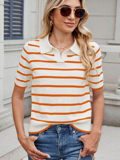 Striped Johnny Collar Short Sleeve Sweater for Women - Selvanelle
