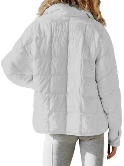 Pocketed Plaid Quilted Zip Up Winter Coat for Women - Selvanelle