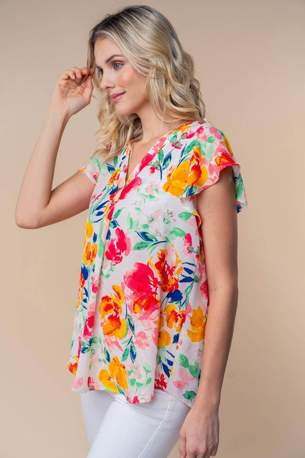 White Birch Full Size Short Sleeve Floral Woven Top for Women - Selvanelle