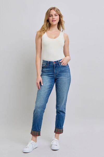 Judy Blue Full Size Plaid Print Cuff Straight Leg Jeans - Selvanelle
