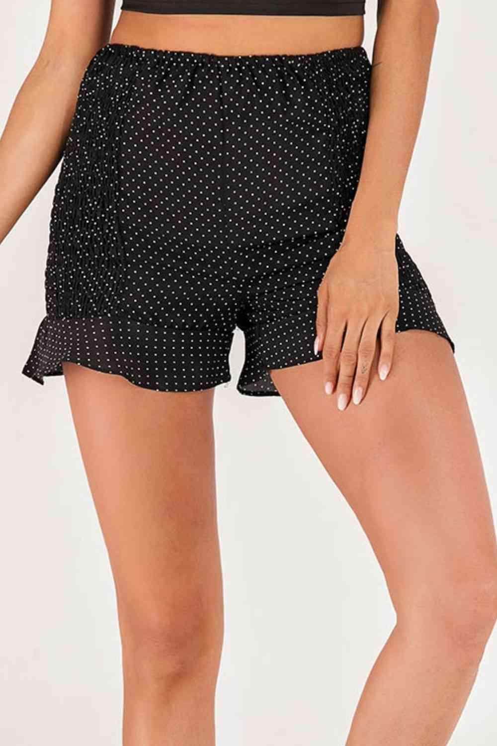 Polka Dot Smocked Ruffle Hem Shorts for Casual Style - Selvanelle