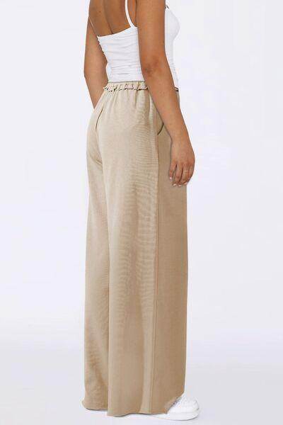 High Waist Wide Leg Pants with Pockets and Frill Detail - Selvanelle