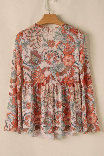 Floral V-Neck Flare Sleeve Blouse for Women Casual Style - Selvanelle