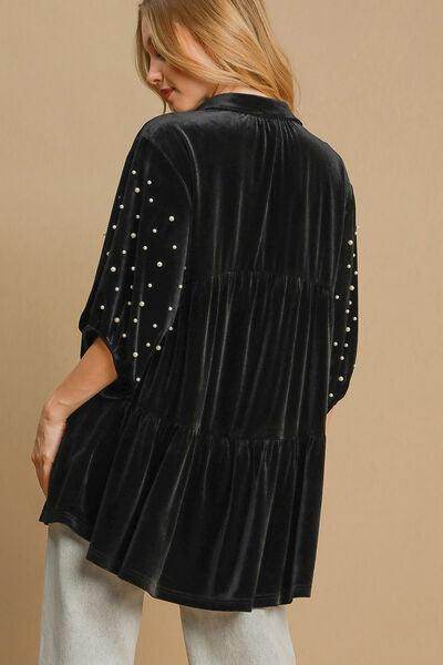 Umgee Pearl Detail Half Sleeve Velvet Babydoll Blouse - Selvanelle