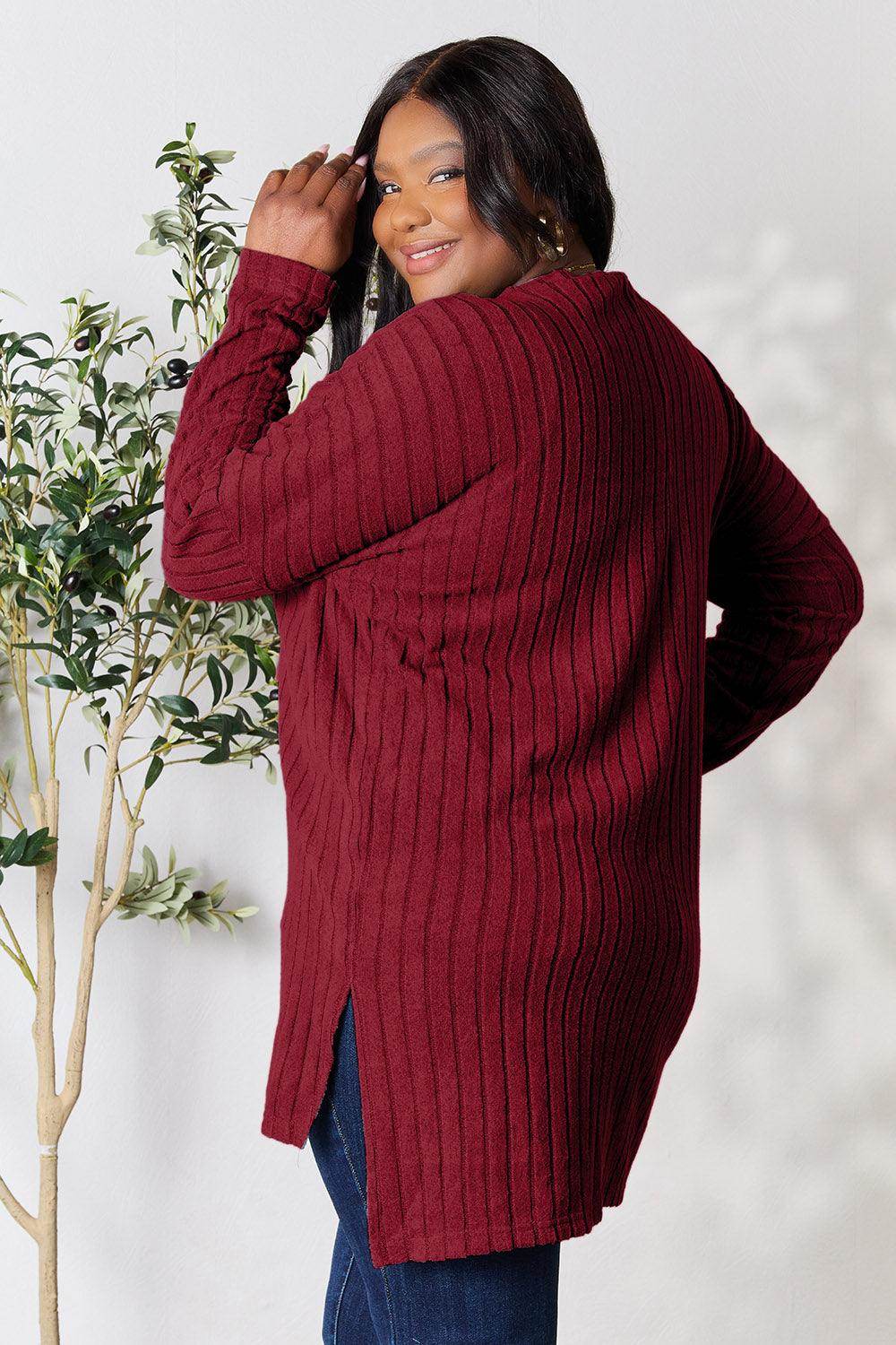 Basic Bae Full Size Ribbed Round Neck Long Sleeve Slit Top - Selvanelle