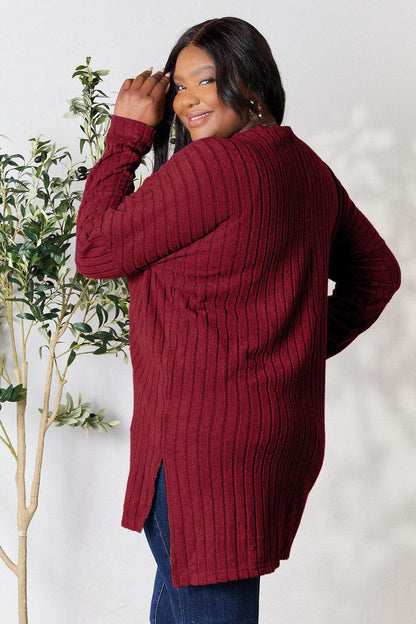 Basic Bae Full Size Ribbed Round Neck Long Sleeve Slit Top - Selvanelle