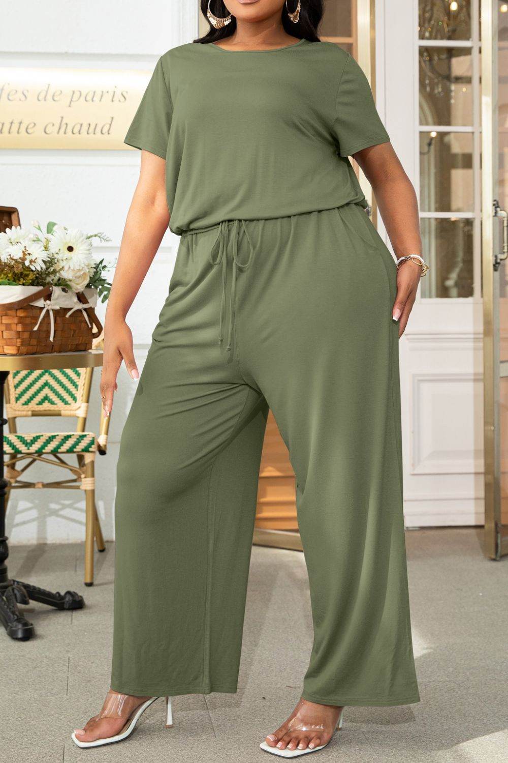 Plus Size Drawstring Waist Short Sleeve Jumpsuit - Selvanelle
