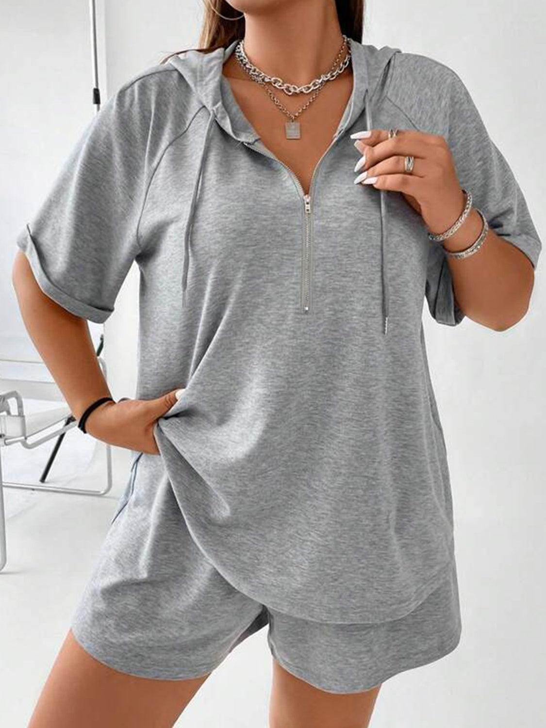 Full Size Drawstring Half Zip Hooded Top and Shorts Set Plus Size - Selvanelle