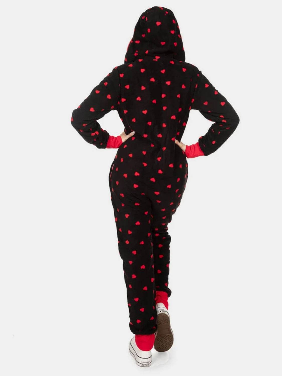 Printed Zip Up Long Sleeve Hooded Jumpsuit - Selvanelle