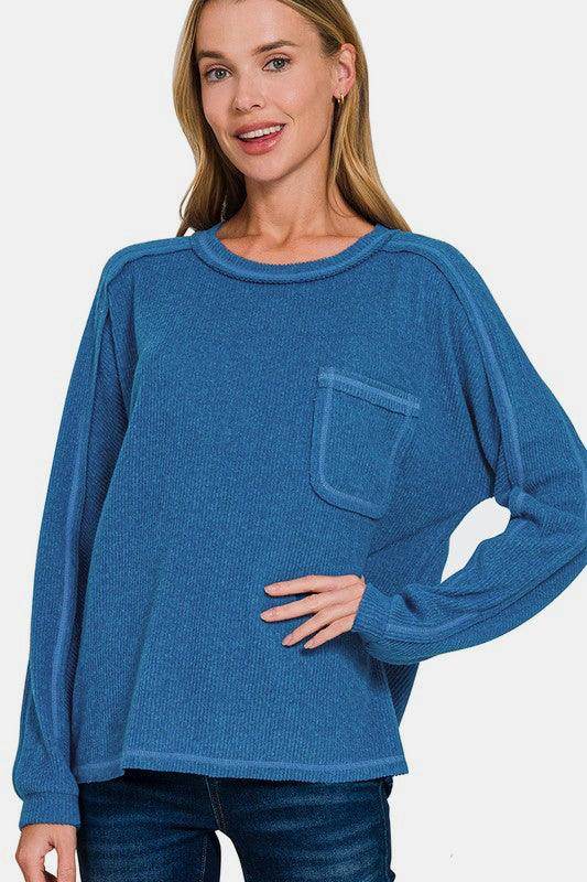 Zenana Full Size Contrast Stitching Brushed Ribbed Hacci Knit Top Plus Size - Selvanelle