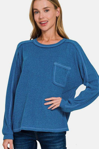 Zenana Full Size Contrast Stitching Brushed Ribbed Hacci Knit Top Plus Size - Selvanelle