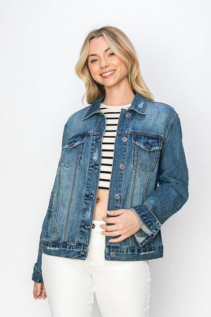 RISEN Full Size Distressed Button Up Jacket for Women - Selvanelle
