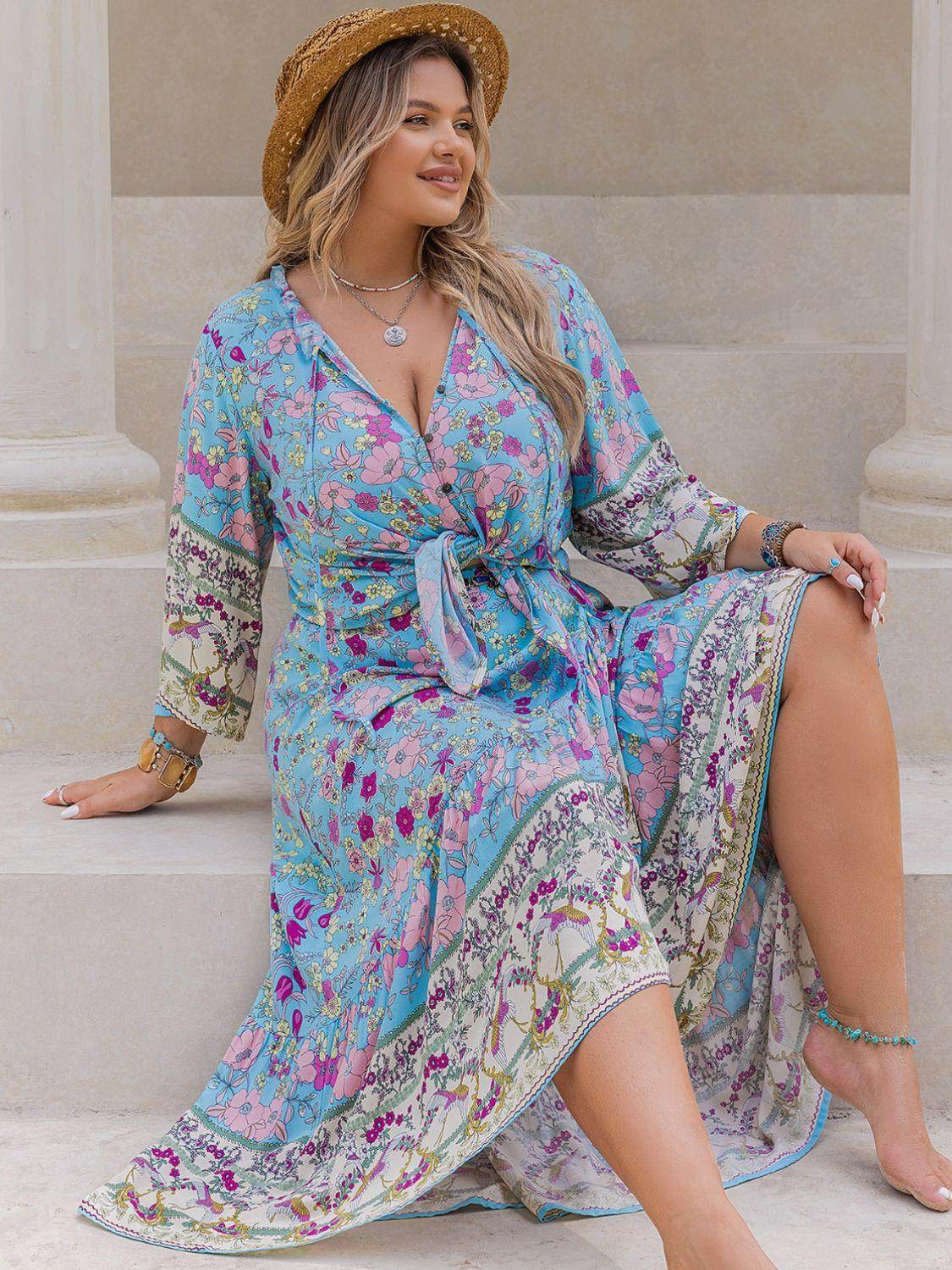 Plus Size Printed Tie Neck Top and Skirt Set for Women - Selvanelle