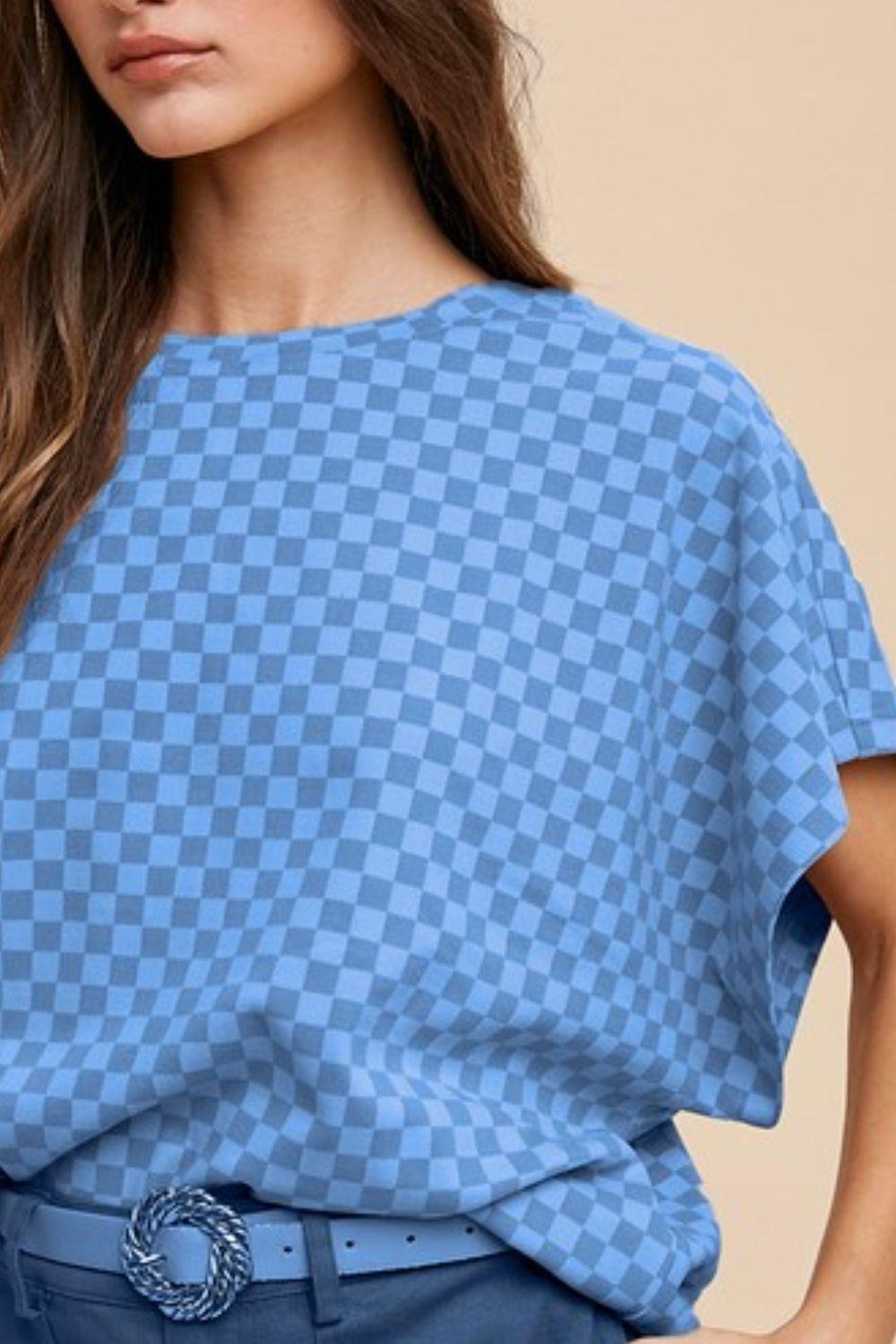 Annie Wear Checkered Round Neck Short Sleeve T-Shirt for Women