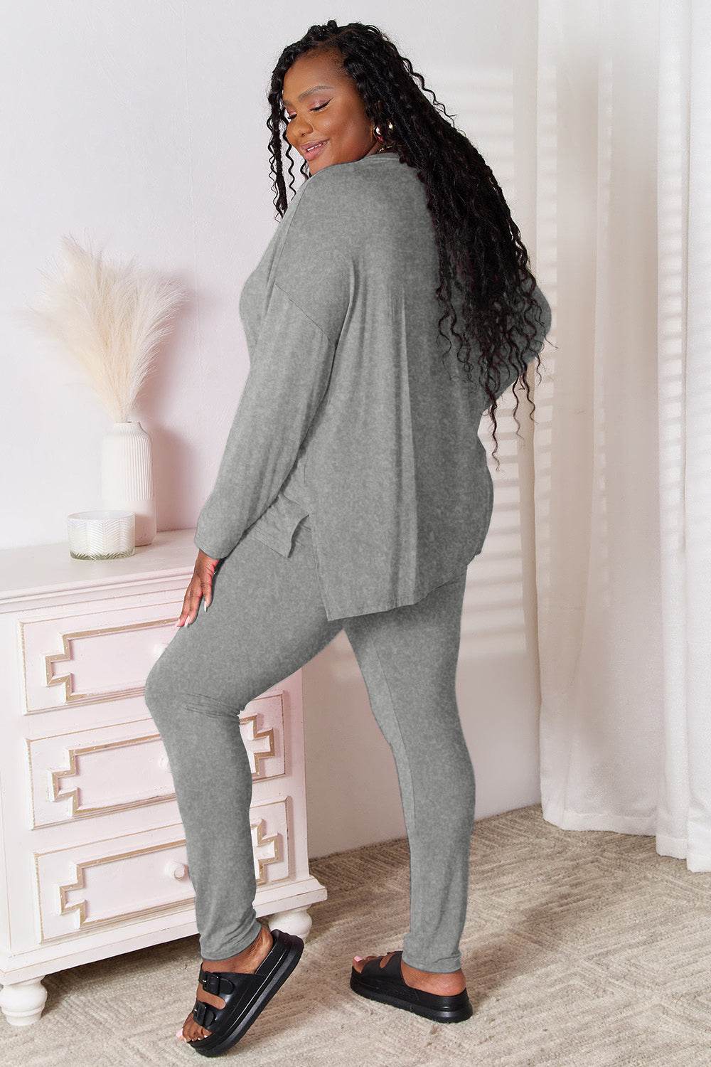 Basic Bae Bamboo Full Size V-Neck Long Sleeve Top and Pants Lounge Set - Selvanelle