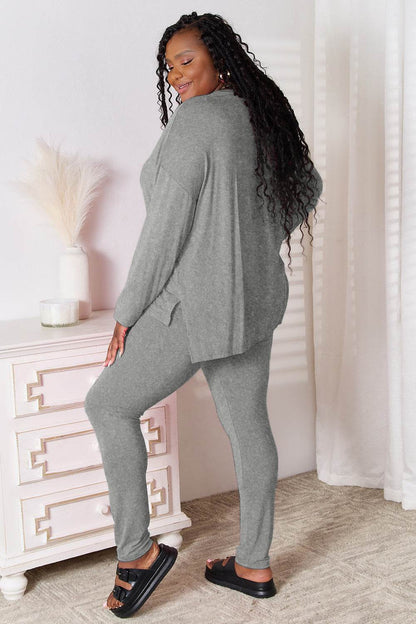 Basic Bae Bamboo Full Size V-Neck Long Sleeve Top and Pants Lounge Set - Selvanelle