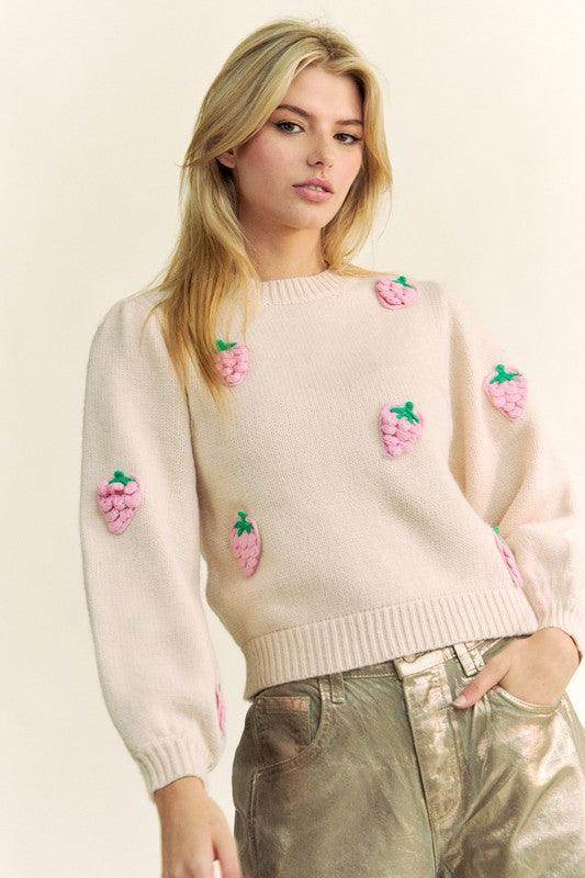 Davi & Dani Crochet Strawberry Round Neck Sweater for Women - Selvanelle