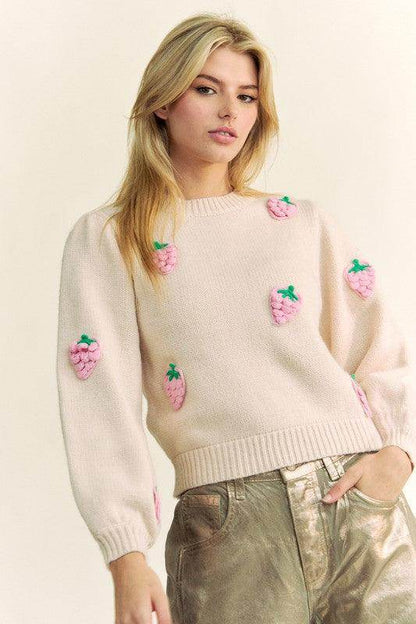 Davi & Dani Crochet Strawberry Round Neck Sweater for Women - Selvanelle