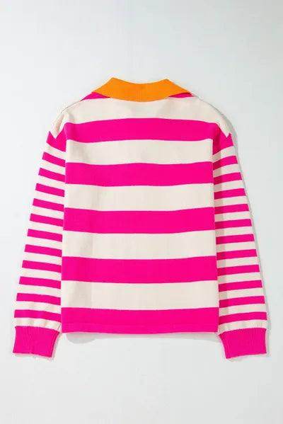 Contrast Stripes Johnny Collar Long Sleeve Sweater for Women - Selvanelle