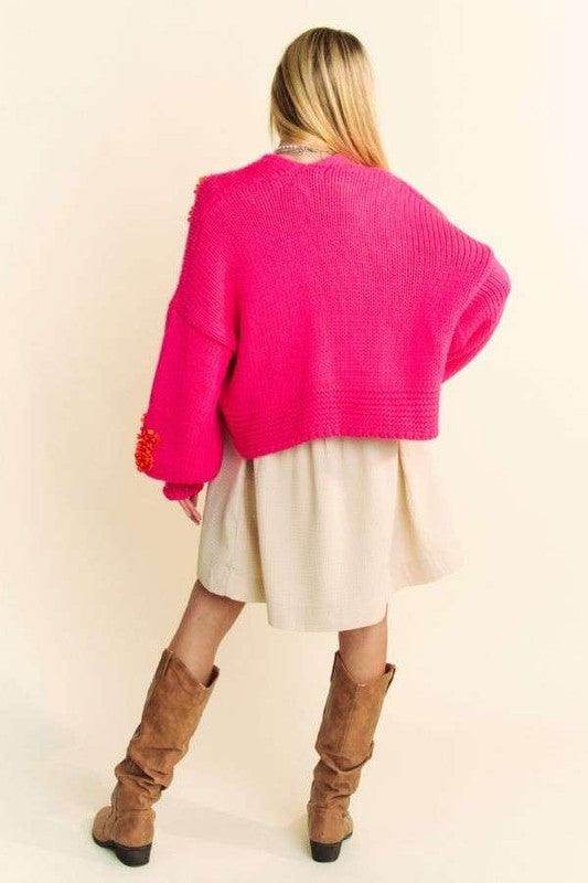 Davi & Dani Floral Applique Open Front Drop Shoulder Cardigan - Selvanelle