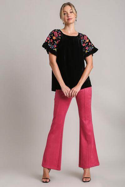 Umgee Full Size Velvet Embroidery Short Sleeve Blouse for Women - Selvanelle