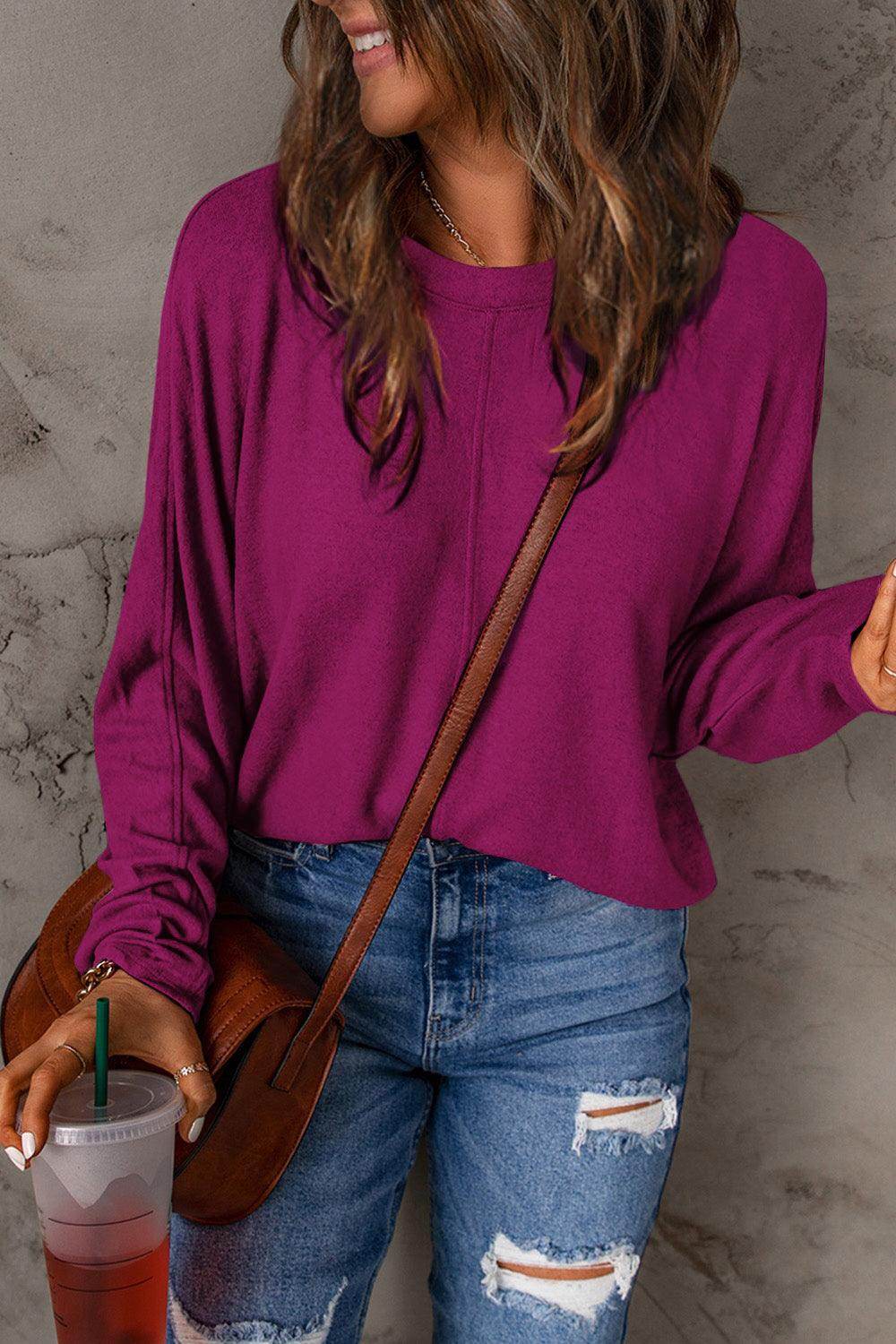 Double Take Full Size Round Neck Long Sleeve T-Shirt for Women - Selvanelle
