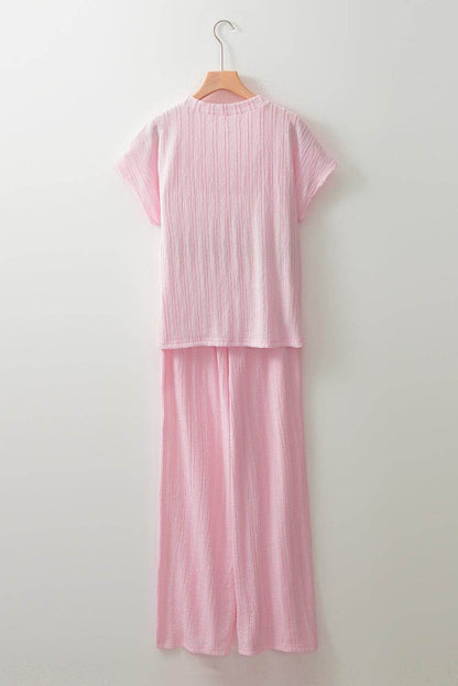 Textured Short Sleeve Top and Pocketed Wide Leg Pants Set - Selvanelle