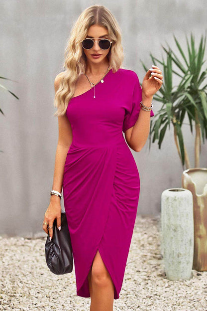 Devine Ruched One-Shoulder Tulip Hem Dress for Women - Selvanelle