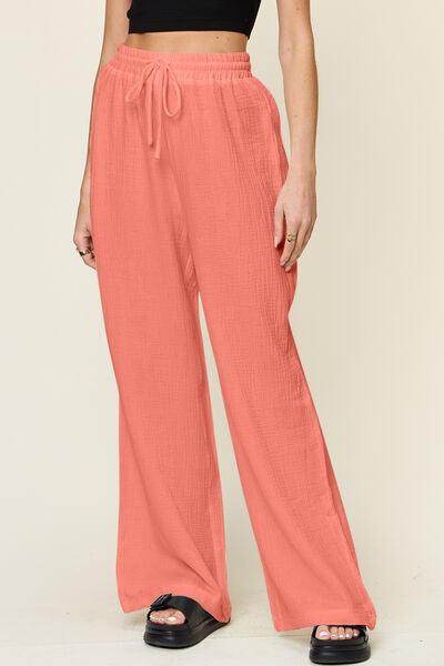 Double Take Full Size Texture Drawstring Wide Leg Pants - Selvanelle