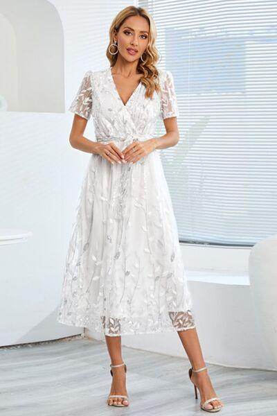 Sequin Leaf Embroidery Tie Front Short Sleeve Dress for Women - Selvanelle