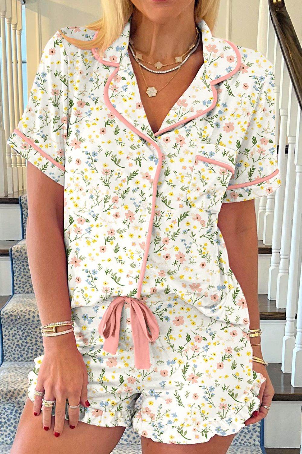 Printed Button Up Short Sleeve Top and Shorts Lounge Set - Selvanelle